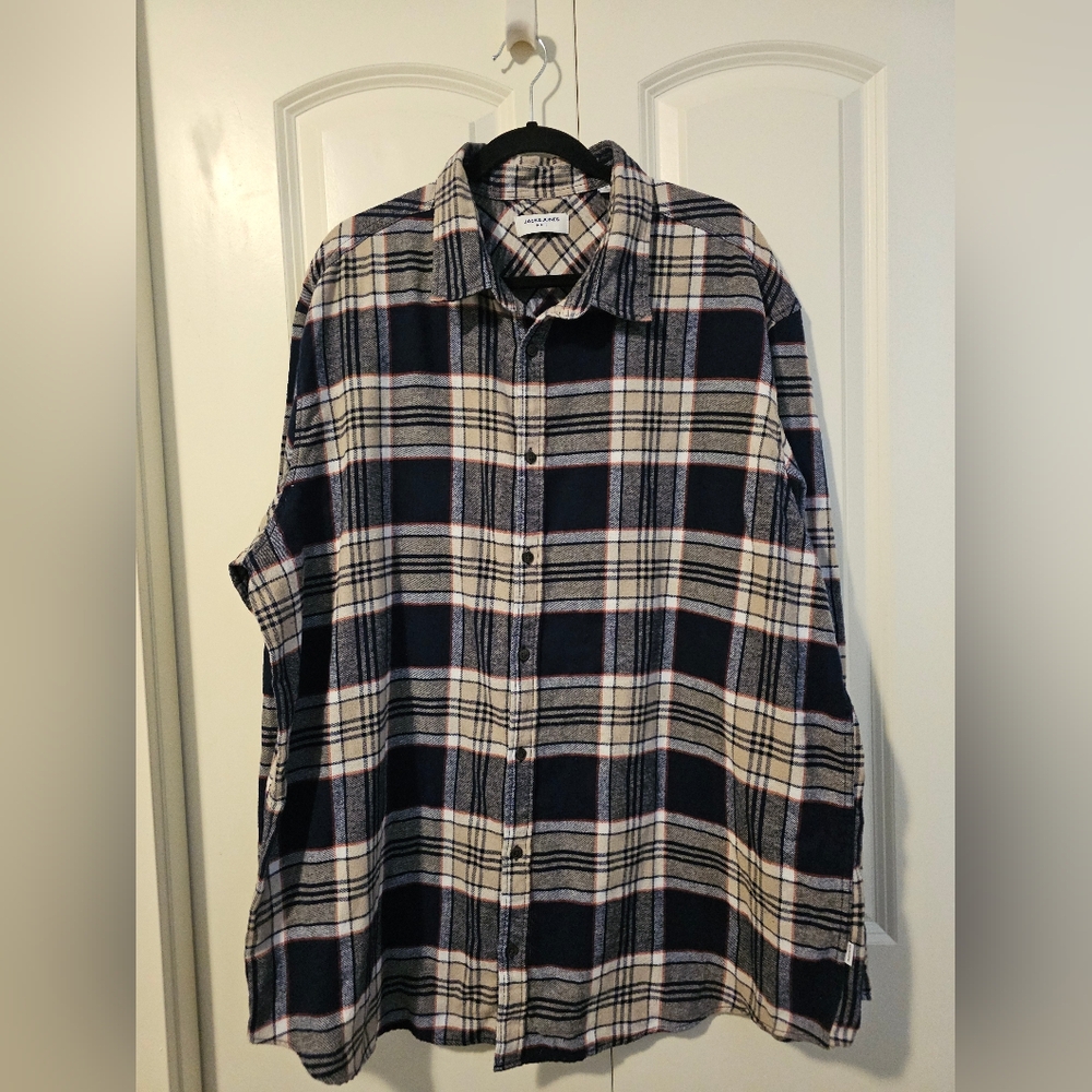 Men's Plaid Shirt Jack & Jones Navy & Beige Flannel Button Down SZ 1XL